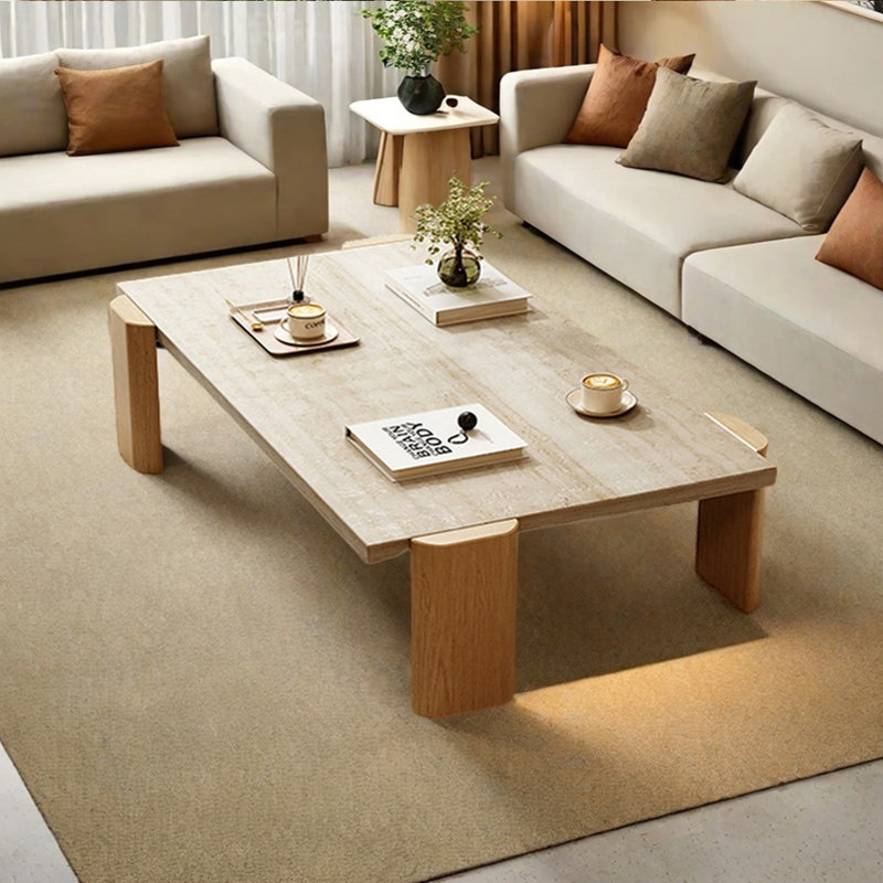 Table basse Minimalist avec plateau en travertin marbre, Burlywood, H 14,96 po x L 47,24 po x l 23,62 po