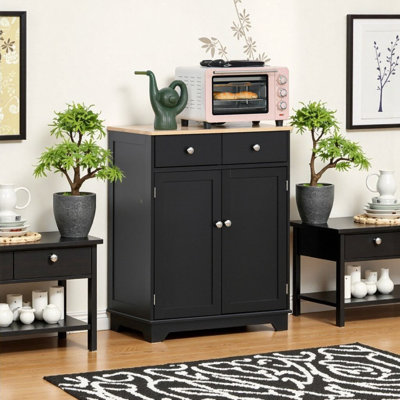 Buffet de comptoir en bois massif noir avec armoire à café moderne avec 2 tiroirs, portes et tablette réglable