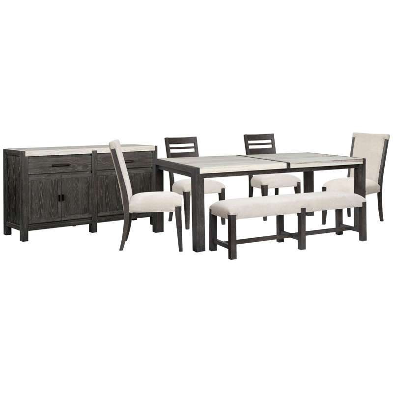 Table de salle à manger rectangulaire avec 2 chaises d'appoint et 2 chaises d'appoint rembourrées avec banc et buffet