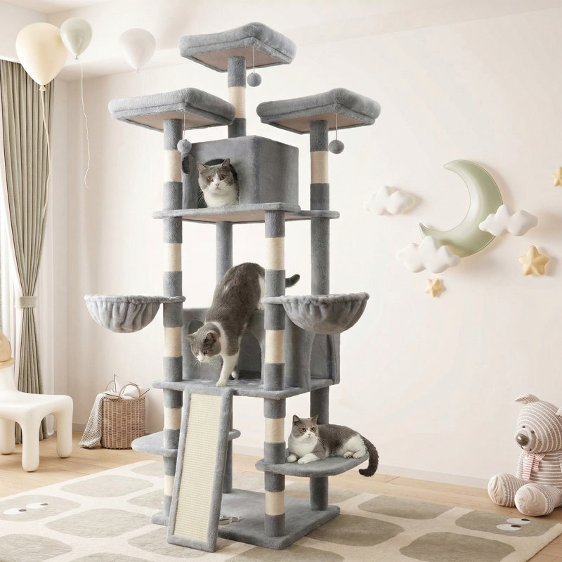 Tour pour arbre à chat 81 po multi-niveaux avec poteaux à griffes recouverts de sisal, 3 perchoirs moelleux, 2 paniers, condo et planche à gratter