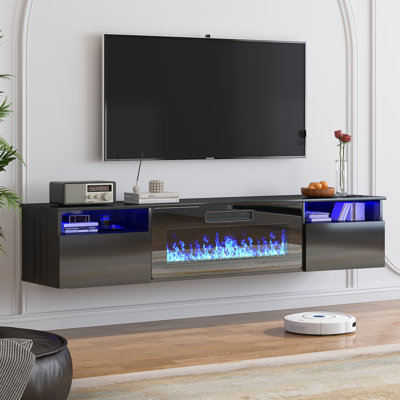 Meuble télé 80 po avec foyer électrique intégré de 80 po - Armoires de rangement doubles et plateau de table spacieux pour téléviseur de 90 po ou moins, noir