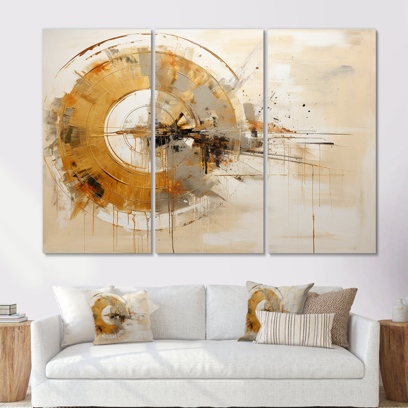 Ensemble de salon beige avec tir à l'arc abstrait Collage I, Toile tendue, H 32 po x l 48 po x P 1 po