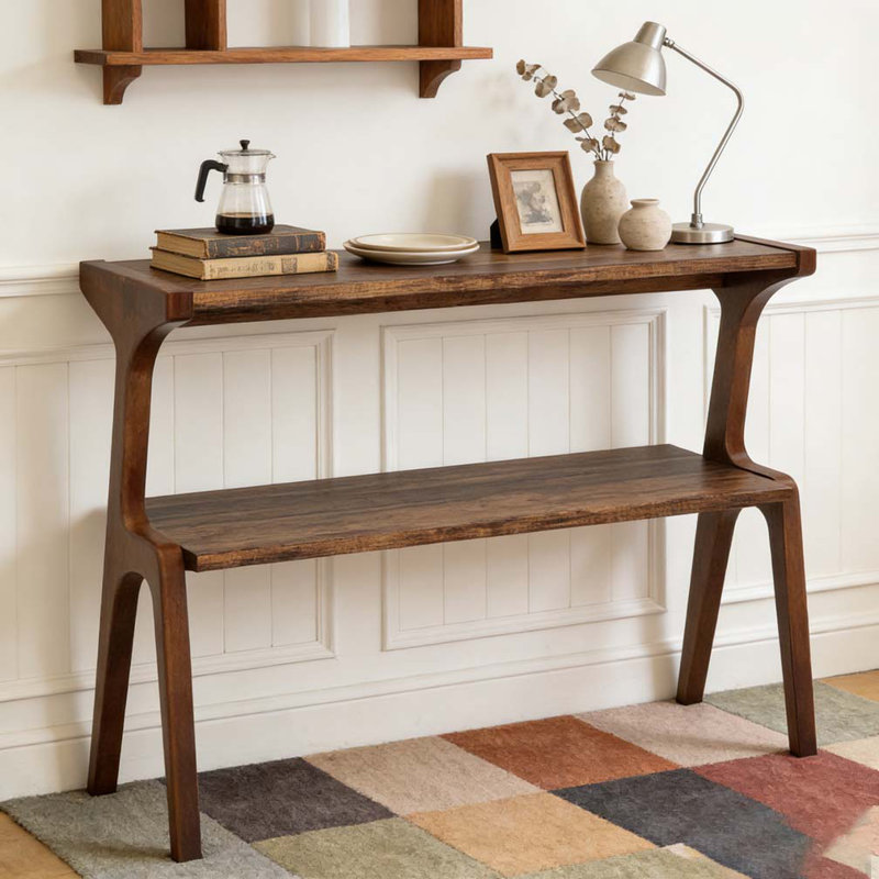 Storage Hall Table,Compact End Table,Wood Sofa Side Table, Rustic Brown