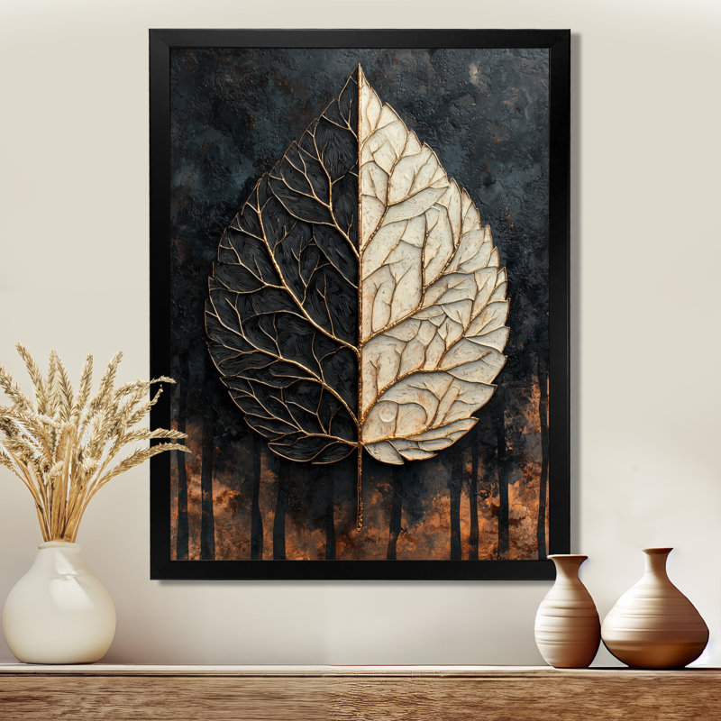 «Modern Modern Leaves Dark Symetry Of Winter II», art mural floral, H 40 po x l 30 po, Noir, Picture Framed