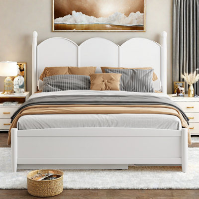 Platform Bed With With 2 Big Drawers, Trundle, Curved Headboard With 4 Rounded Pillars