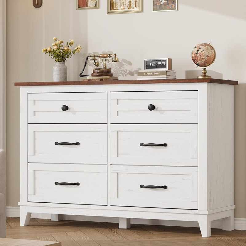 47" Ash White&Brown 6-Drawer Wooden Dresser, White/Brown