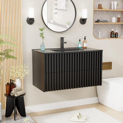 Ensemble de meuble-lavabo simple 36 po avec lavabo noir, robinet et armoire flottante Modern Farmhouse