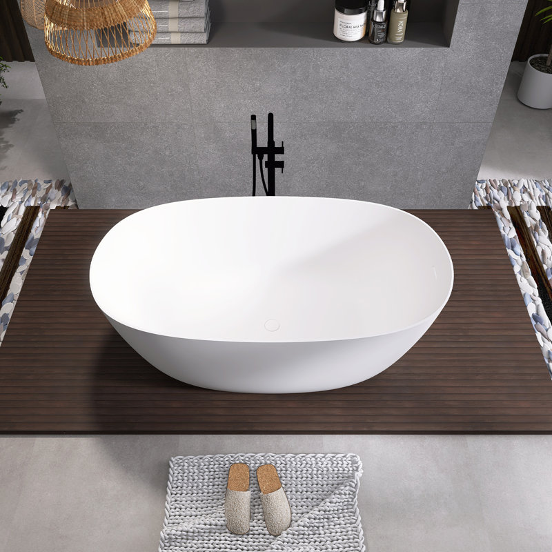Baignoire de trempage autoportante moderne en résine de 57 po avec trop-plein et drain escamotable, blanc mat 57 po