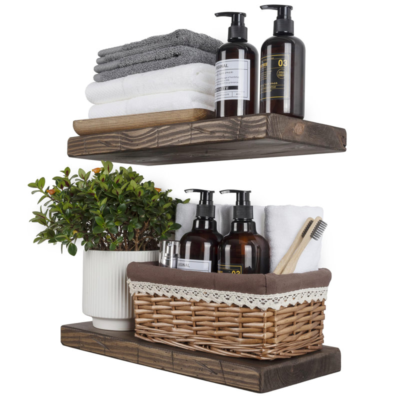 Solid Wood Floating Shelves，Rustic Wooden Wall Shelves, Distressed Walnut, 1.25" H x 16" W x 6.7" D
