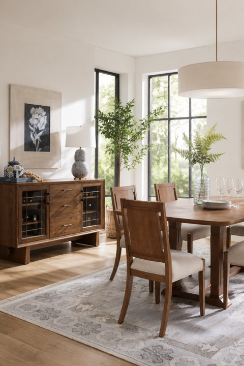Dining room with wooden table and chairs, a sideboard with wine storage, and an area rug in a bright, modern home.