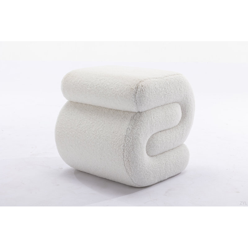 017S-S-Shape Fabric Ottoman Makeup Stool Footstool, White Teddy