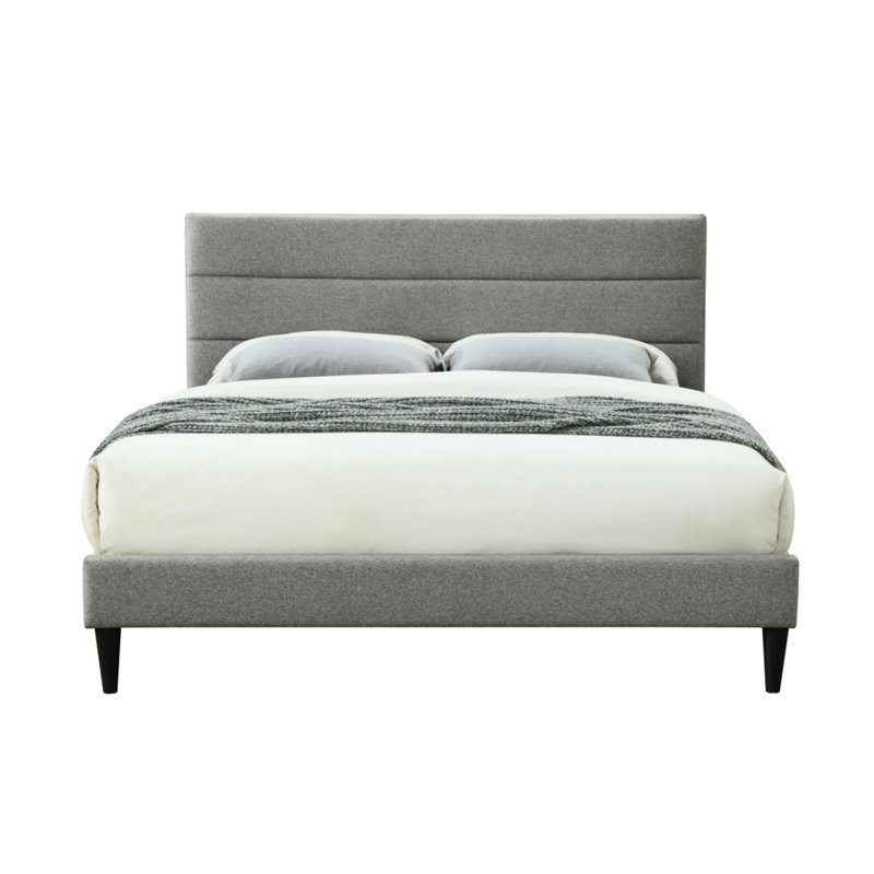 Très grand lit dans une boîte avec chargement - Tête de lit tapissier en tissu gris