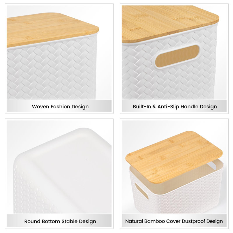4 Packs Storage Bins With Bamboo Lids - Plastic Storage Containers With Lids Stackable Storage Box：Storages Baskets For Organizing Desktop Closet Playroom Classroom Office,White