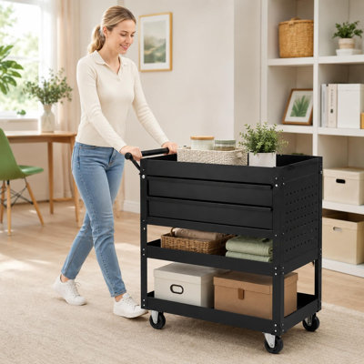 30" Rolling Tool Cart with 2 Drawers, Heavy Duty 3-Tier Steel Utility Cabinet on Locking Casters, Mobile Garage & Workshop Organizer, Black