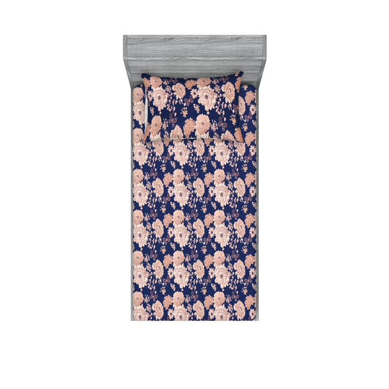 Drap-housse et taies décoratives 3 pièces Ambesonne, Indigo / motif floral rose pâle