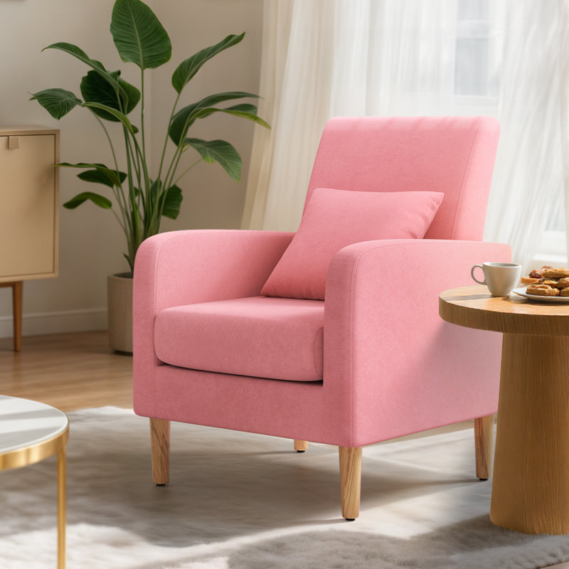 Upholstered Accent Chair Armchair with Pillow Cushion, Reading Side Chair Single Sofa with Wood Legs, Pink