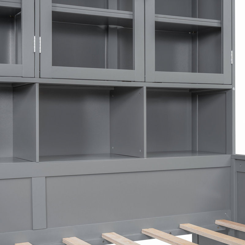 Lit de jour en bois avec armoires de rangement à porte vitrée, éclairage à DEL intégré et tablettes, Lit simple