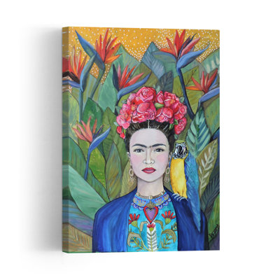 Woman With Parrot And Flowers Contemporary Bird Flower Portrait Wall Art Print by Sylvie Demers - Wrapped Canvas Print