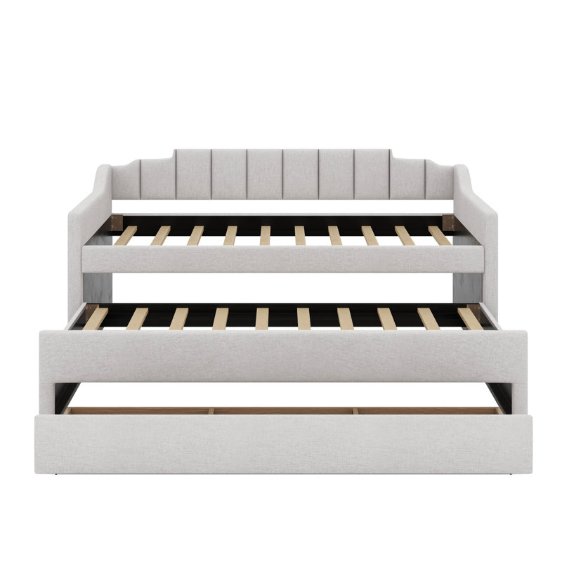 Twin Upholstered Daybed With Trundle And Drawers, Beige