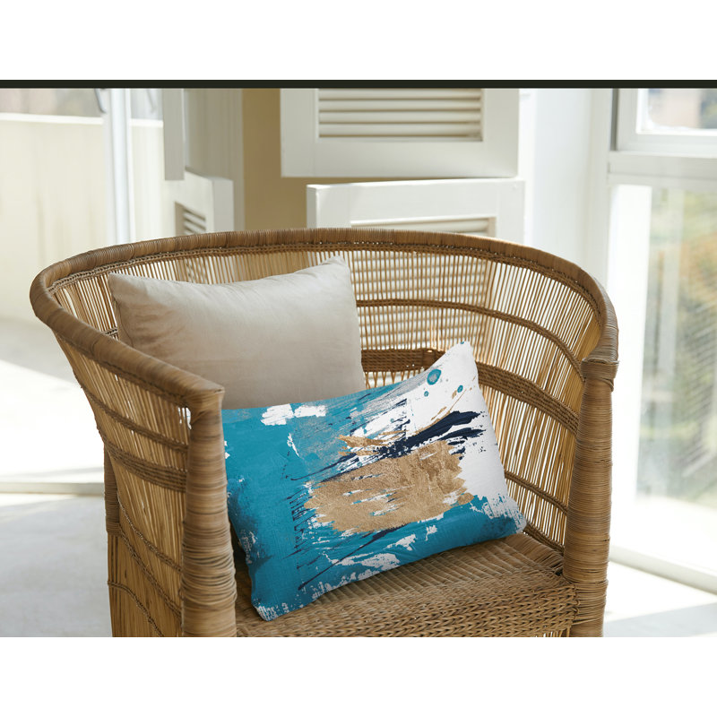 Coussin lombaire intérieur / extérieur abstrait Sarian, Turquoise / or / blanc