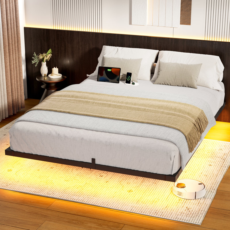 Zoller Floating Bed Frame with LED & Charging Station, Modern Metal Platform Bed, No Box Spring Needed, Full