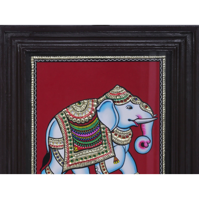 Peinture éléphant Tanjore | Couleurs traditionnelles avec or 24 carats | Structure en bois de teck | Fait à la main
