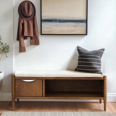 Banc de rangement avec coussin rembourré, finition noyer Mid-Century