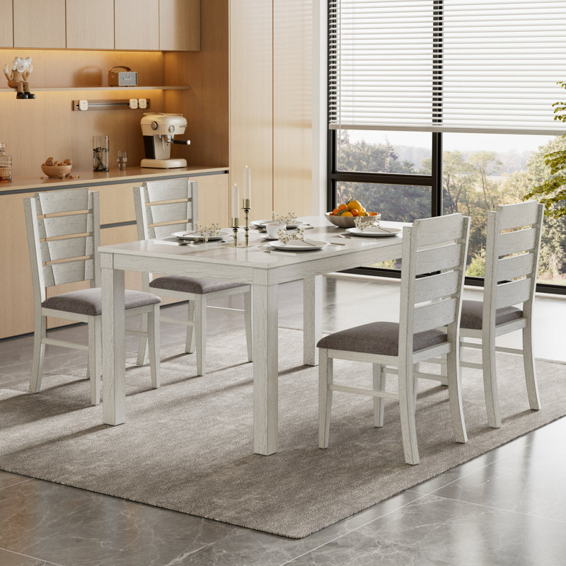 5 Piece Dining Table Set with 4 Upholstered Chairs, Solid Wood Rectangular Kitchen Table and Chairs Set, Mid-Century Modern Farmhouse Dining Room Table Set