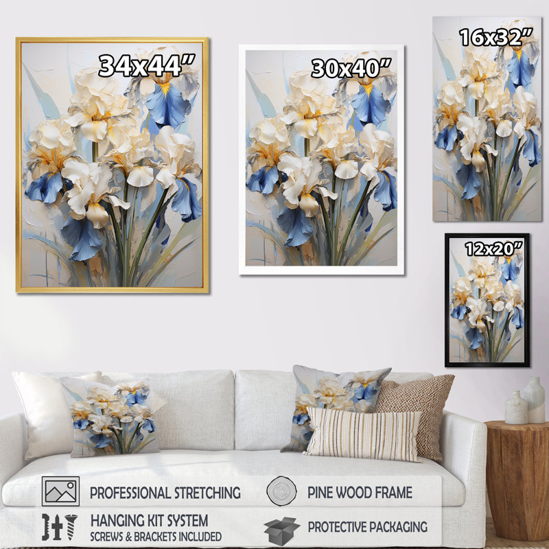 Minimalisme Irises Melody II sur toile, Cadre flottant doré, H 40 po x l 30 po x P 1,5 po