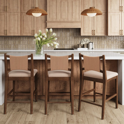 Tabouret de bar bohème avec dossier en jonc de mer et structure en bois brun moyen, ensemble de 3