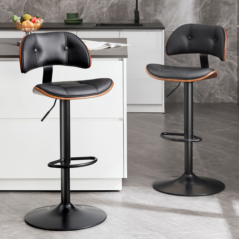 Swivel and  Adjustable Height Bar Stool with Footrest, 2, Black Seat/Black Frame