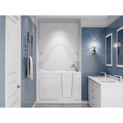 Baignoire de trempage à droite 30 po x 52 po en blanc avec ensemble de mur de douche 6 po.