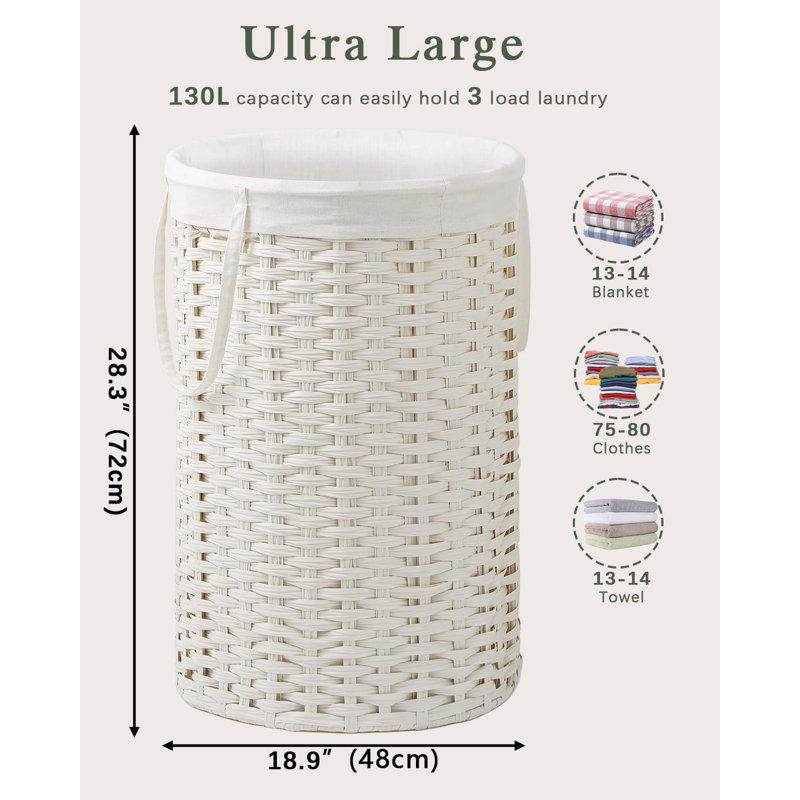 Large Woven Laundry Hamper Basket With Removable Liner And Handles - Handwoven Rattan Design, Sturdy Metal Frame, Foldable For Space Saving, Includes 2 Mesh Bags For Organization