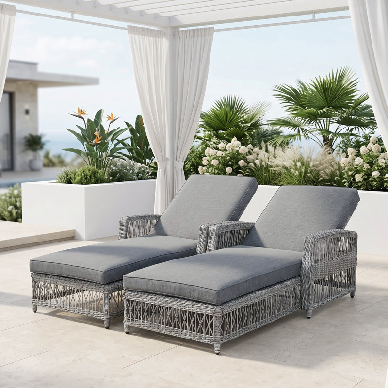 Chaise longue d'extérieur en osier avec coussins, Gris, 2 pièces