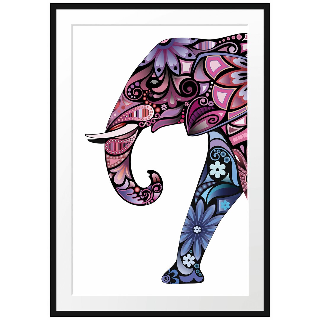 Gerahmtes Poster Elefant mit Ornamenten