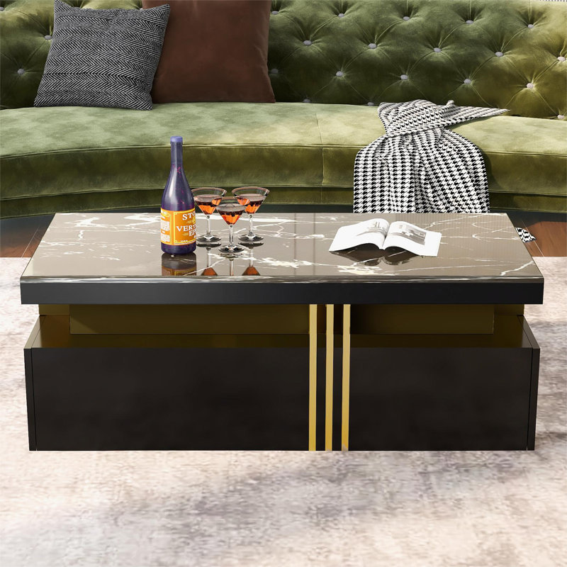 Black MDF Coffee Table With PVC Pattern Top 2 Drawers 100*50*40Cm, Black/Gold