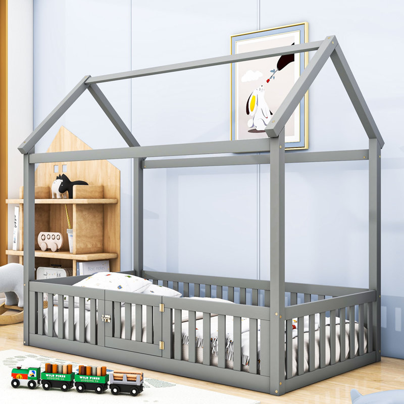 Leoti Twin Wooden House Bed, Gray Wash