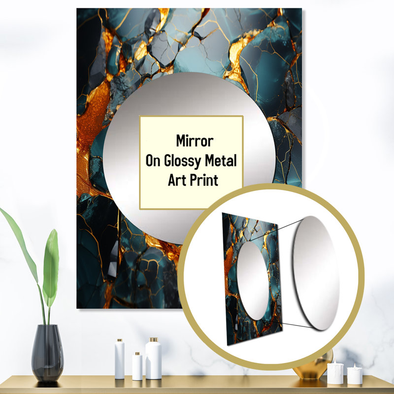 Girate or et topaze verte agate granit VI - miroir abstrait, miroir mural décoratif moderne, impression d'art en métal