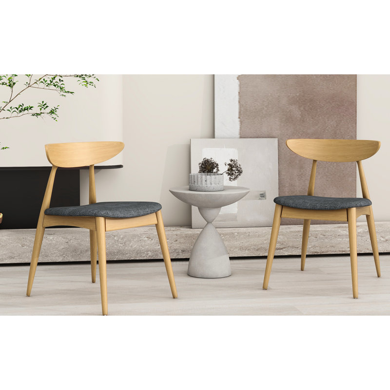 Two Retro Rubberwood Dining Chairs With Curved Ergonomic Back, High - Density Foam Seats, Build Natural + Grey 2 Piece Chairs, Comfortable Support, Solid Frame, Soft Seating For