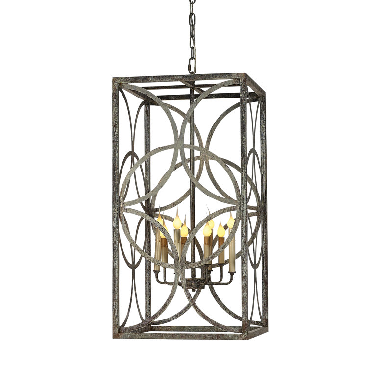 Diamond 6 - Light Candle Style Rectangle Chandelier with Wrought Iron Accents, Deep Ocean