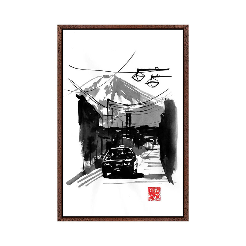Fujiyoshida And Car by Péchane - Painting on Canvas, 152.5 cm H x 101.5 cm W, Classic Brown Wood Framed