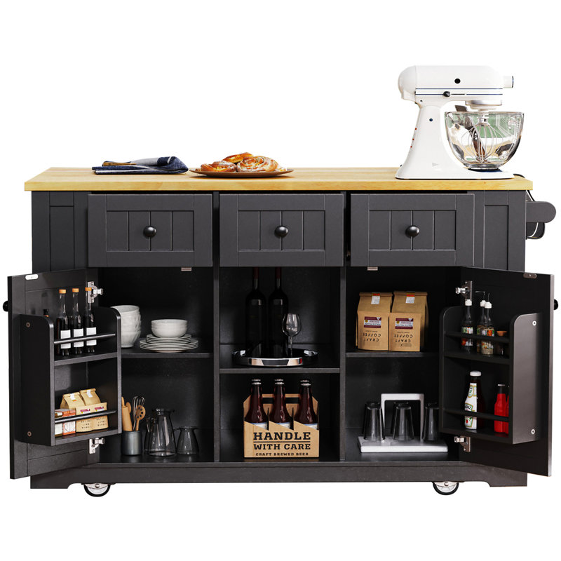 Grand chariot d'îlot de cuisine avec tablettes internes, comptoir de 53 pouces, noir pour abattant de bureau et station de charge, utilisation