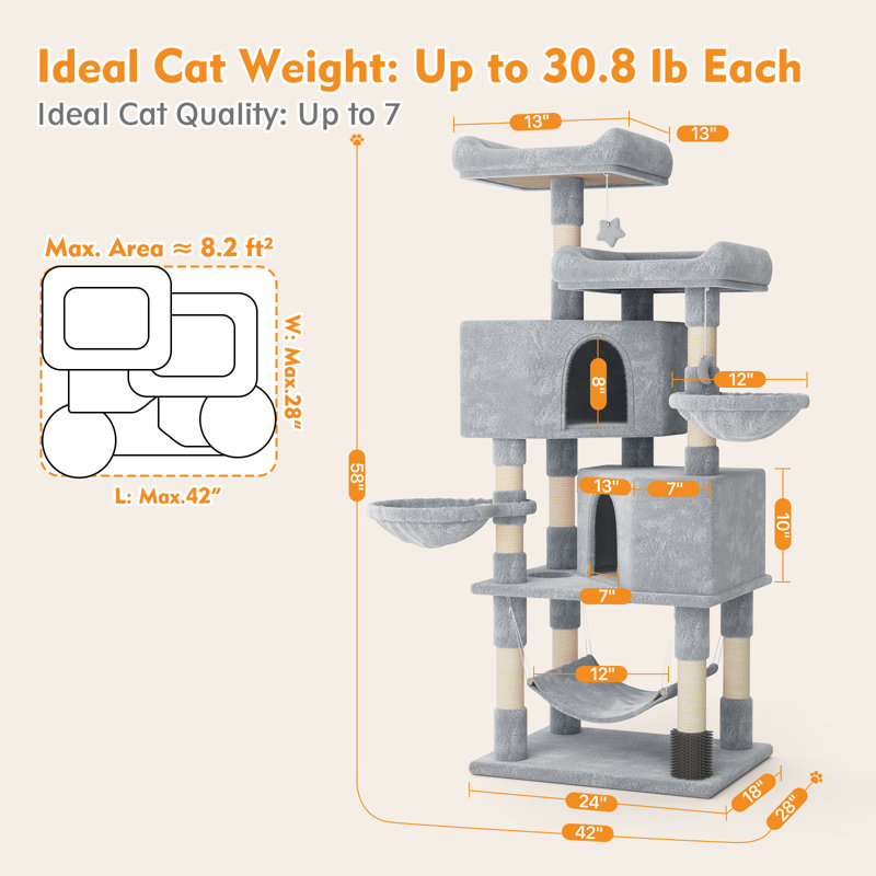 Maison pour chat avec tour à chat en sisal, hamac et auto-toilettage 58 po, Gris clair