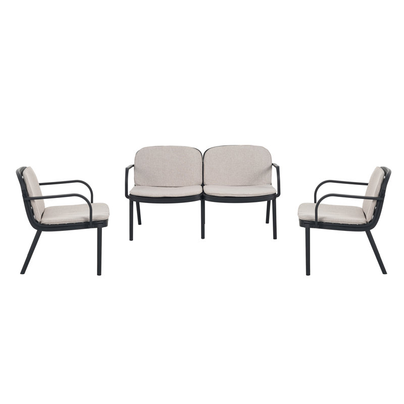 Luna Outdoor Patio PP 3PCS CHAT SET, Black Frame with Beige Cushion, (2Pcs Club Chairs and 1Pcs Loveseat)