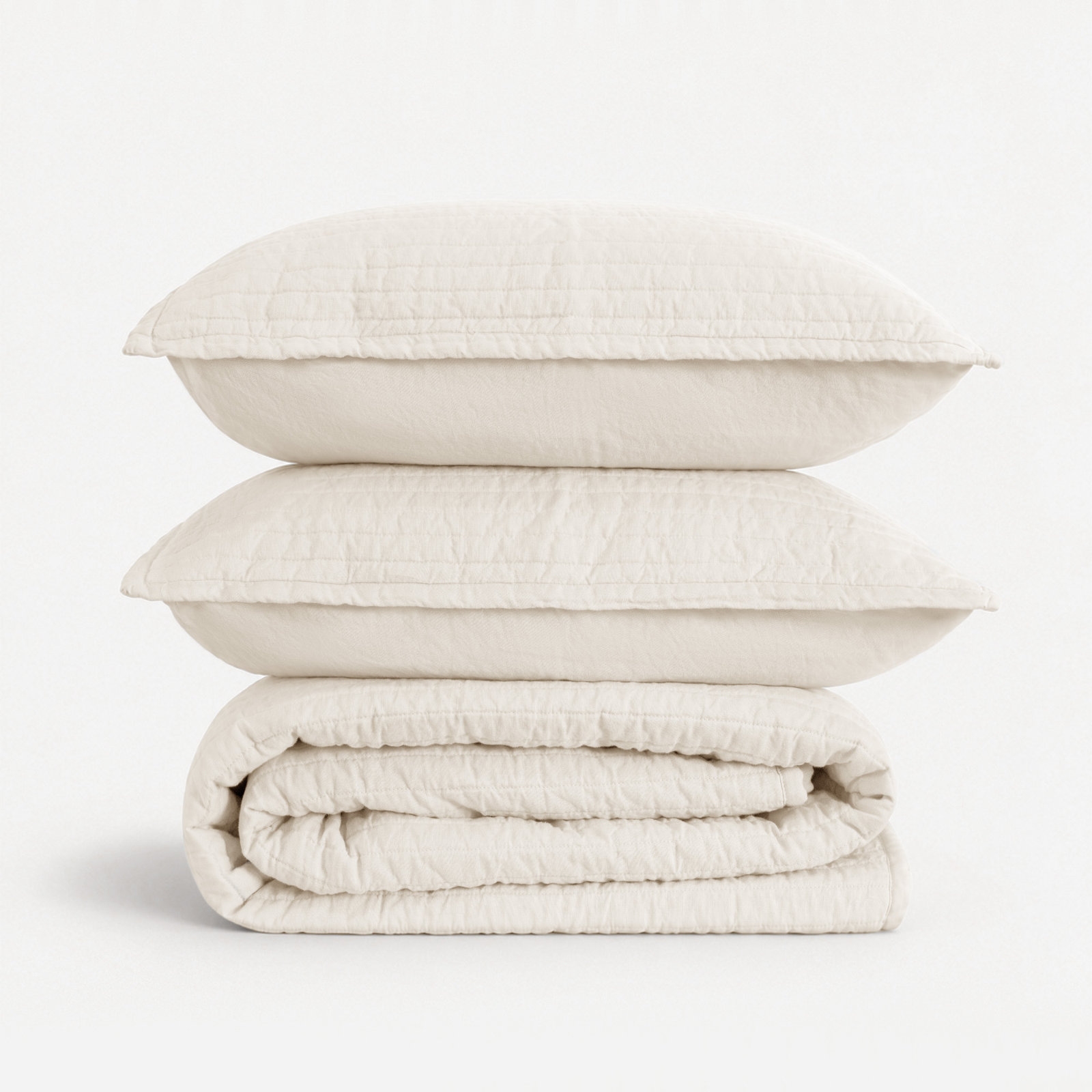 100% French Linen Channel Quilted Breathable Quilt Set With Shams, King Quilt + 2 King Shams, Eggnog