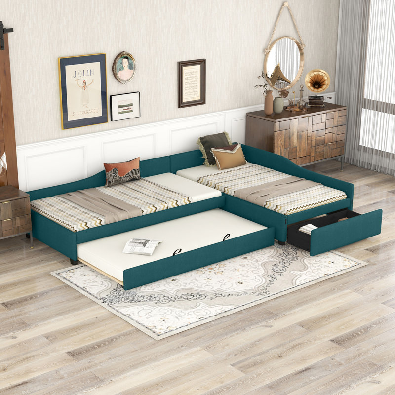 Upholstered Double Daybed with Trundle and Drawer, Green