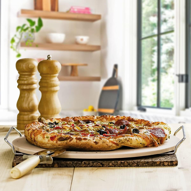 Beige Ceramic 13 Inch Pizza Stone Set with Cutter and Rack