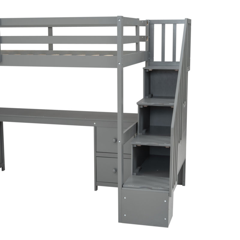 Structure de lit mezzanine simple avec bureau intégré et tiroirs de rangement doubles, gris, Gris