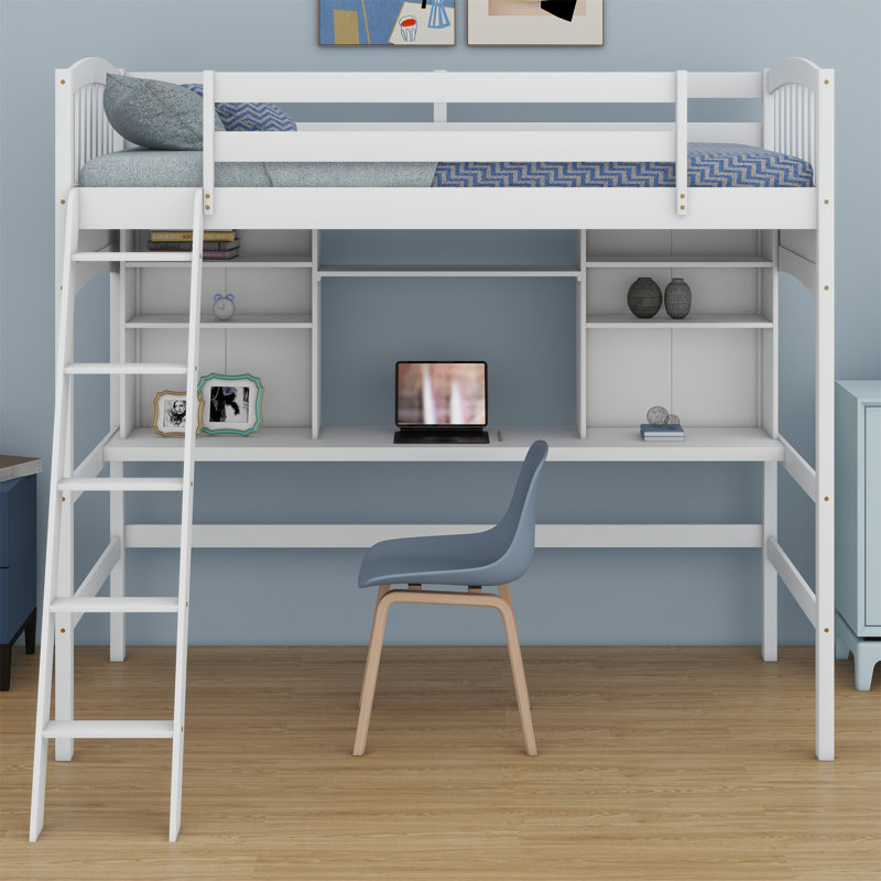 Lit mezzanine avec tablettes de rangement, bureau et échelle, Blanc