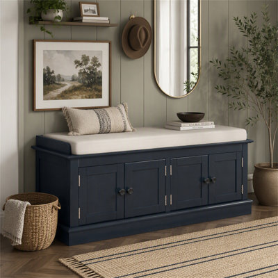Banc de rangement avec 4 portes et tablettes réglables Trexm, banc à chaussures avec coussin amovible pour le salon, vestibule